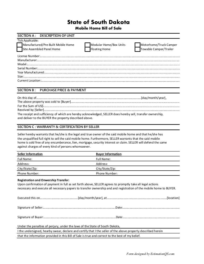 Free South Dakota Mobile Home Bill of Sale Template and Printable Form