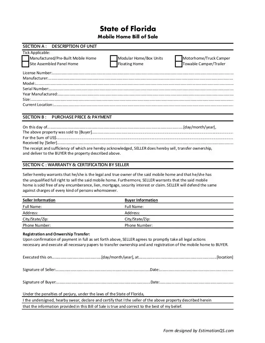 free florida mobile home bill of sale template and printable form usa estimation qs