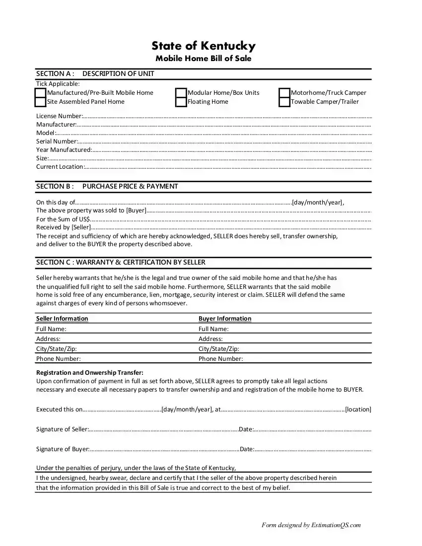 free kentucky mobile home bill of sale template and printable form usa estimation qs