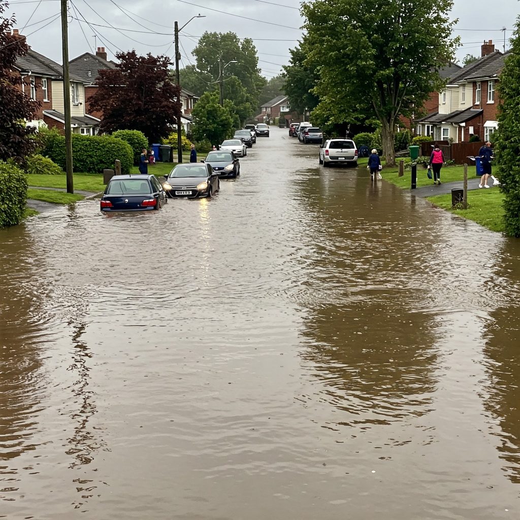 surburb flooded by rainwater to knee length with a few cars stuck in the road